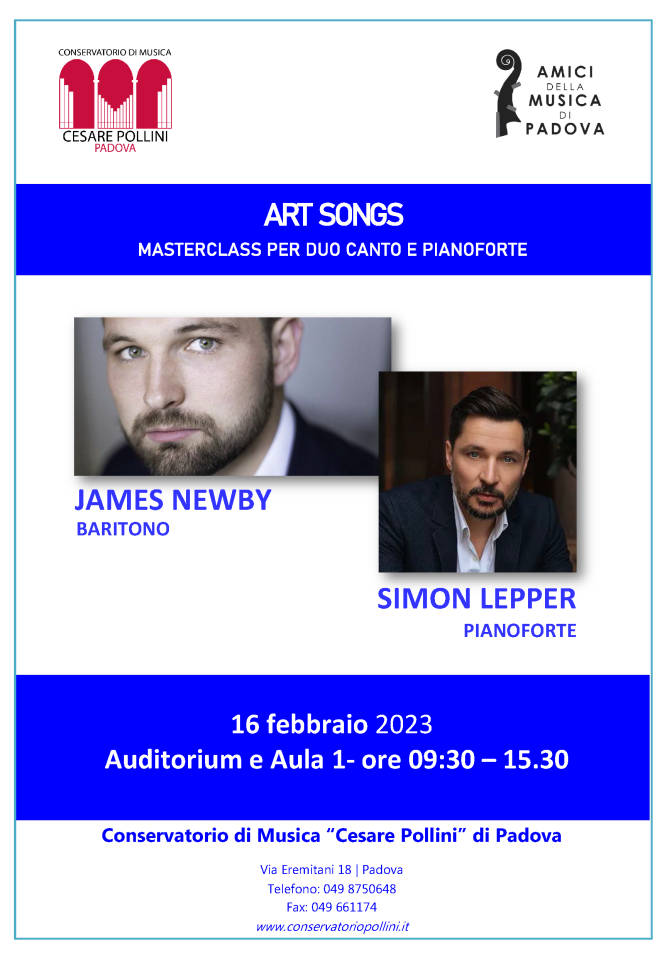 Masterclass ART SONGS - per duo canto e pianoforte con James Newby (baritono) e Simon Lepper (pianoforte) - 16 febbraio 2023